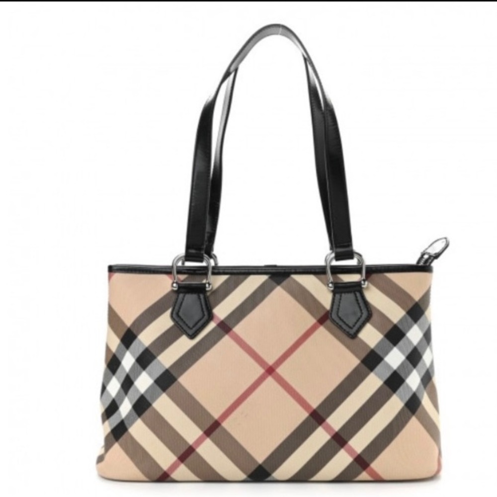 VGC Burberry Nickie Regent Nova check shopper tote bag, black patent trim.